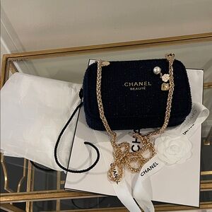 Chanel Tweed  Navy Cosmetics Bag with Charm Gold Chain